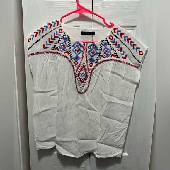 THML ￼Anthropology Boho Embroidered Top Cap Sleeve White Small - Picture 7 of 7
